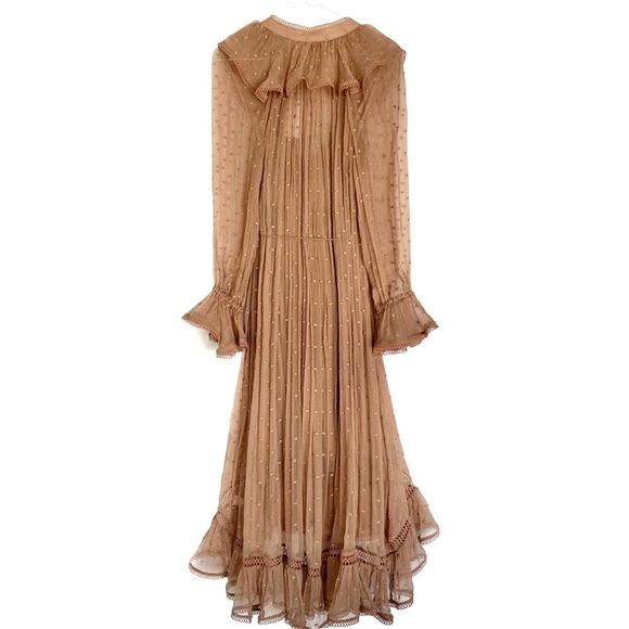 ZIMMERMANN Tulsi Dot Frill Tan Camel Ruffled Midi Dress - Picture 3 of 13